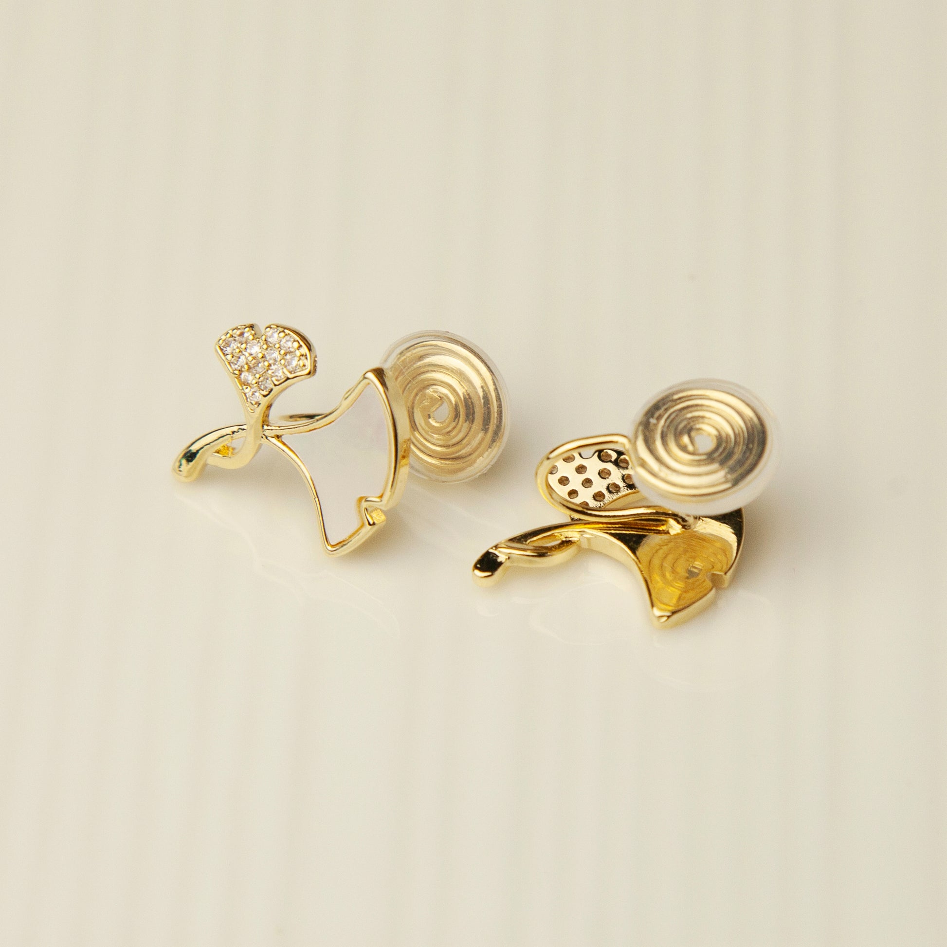Ginkgo Leaves Stud Clip On Earrings, Gold Plated Ginko Leaf Stud Earrings, Mother Of Pearl Studs With Pave Diamond, None Pierced Earrings