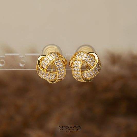 Gold-Tone Knot Stud Earrings, Twist Circle Diamond Studs, Minimalist Non Pierced Bridal Studs