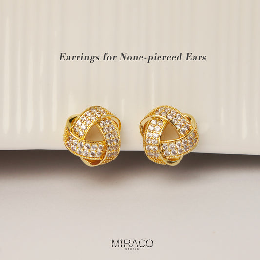 Gold-Tone Knot Stud Earrings, Twist Circle Diamond Studs, Minimalist Non Pierced Bridal Studs
