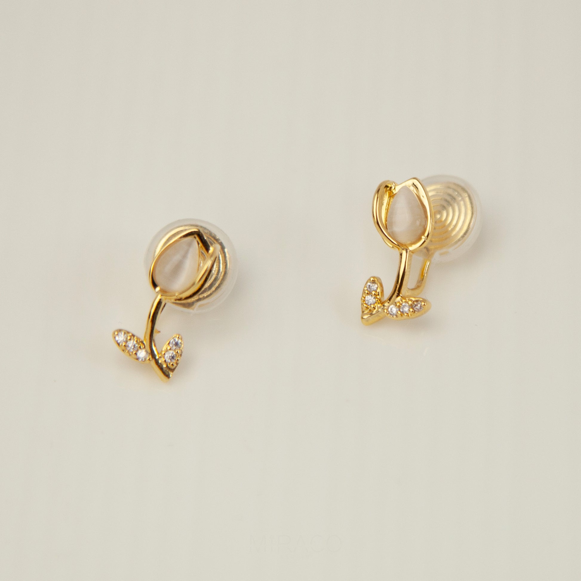 Gold Flower CZ Stud Earrings, Floral Stud Earrings, Clip On Earrings, Non Pierced Plant Earrings