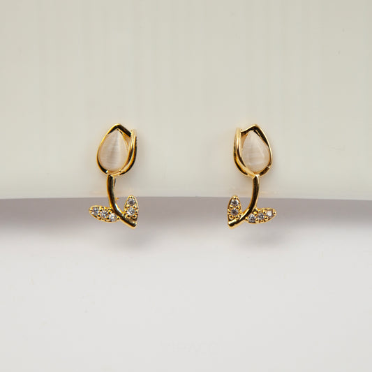 Gold Flower CZ Stud Earrings, Floral Stud Earrings, Clip On Earrings, Non Pierced Plant Earrings
