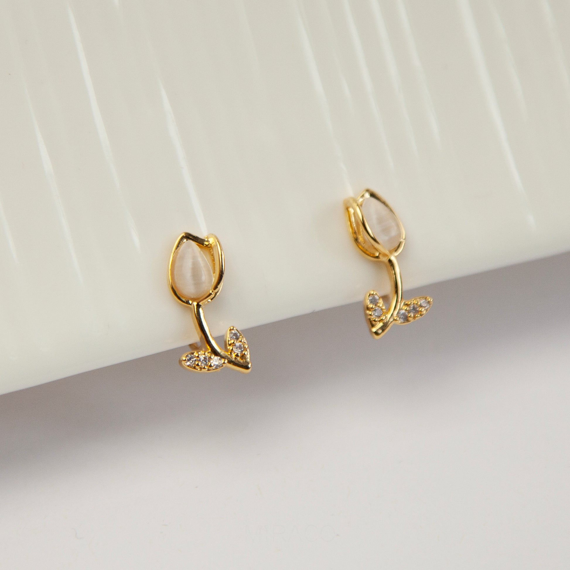 Gold Flower CZ Stud Earrings, Floral Stud Earrings, Clip On Earrings, Non Pierced Plant Earrings