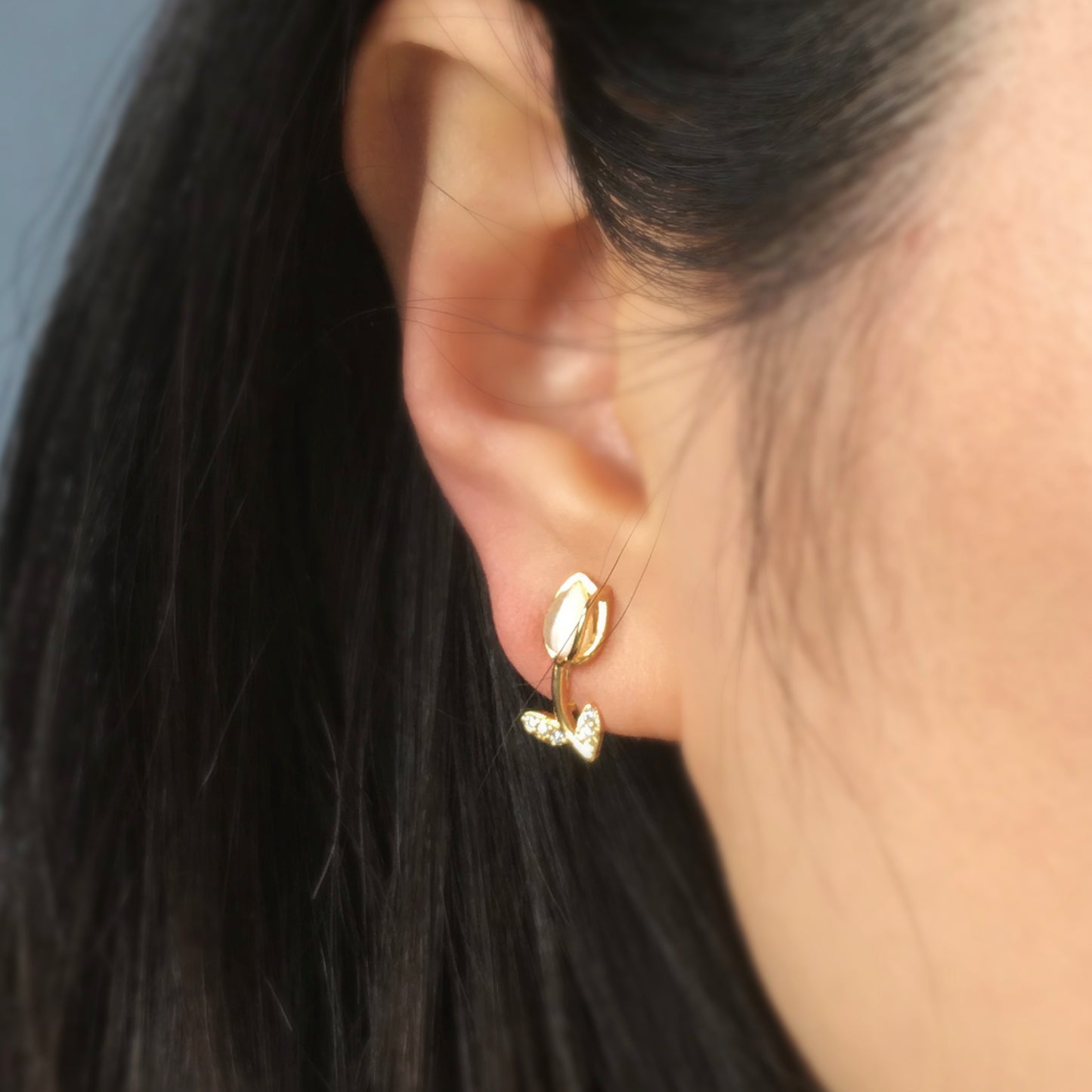 Gold Flower CZ Stud Earrings, Floral Stud Earrings, Clip On Earrings, Non Pierced Plant Earrings