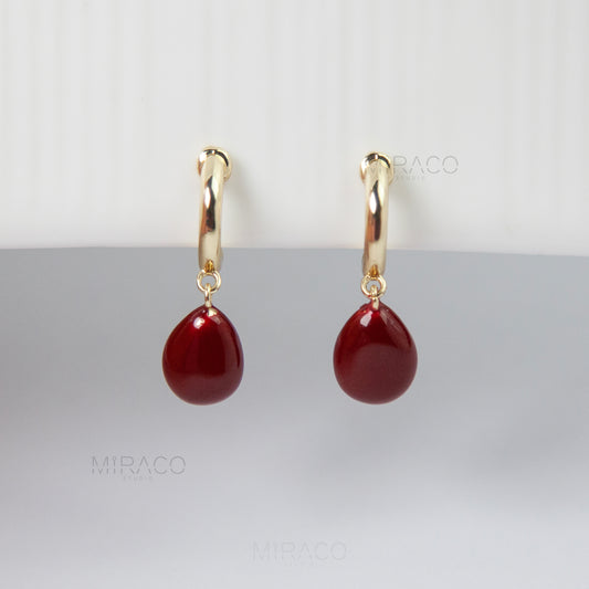 Gold Hoop Red Waterdrop Dangle Drop Earrings Invisible Ear Clip Non Pierced Geometrical Red Earrings
