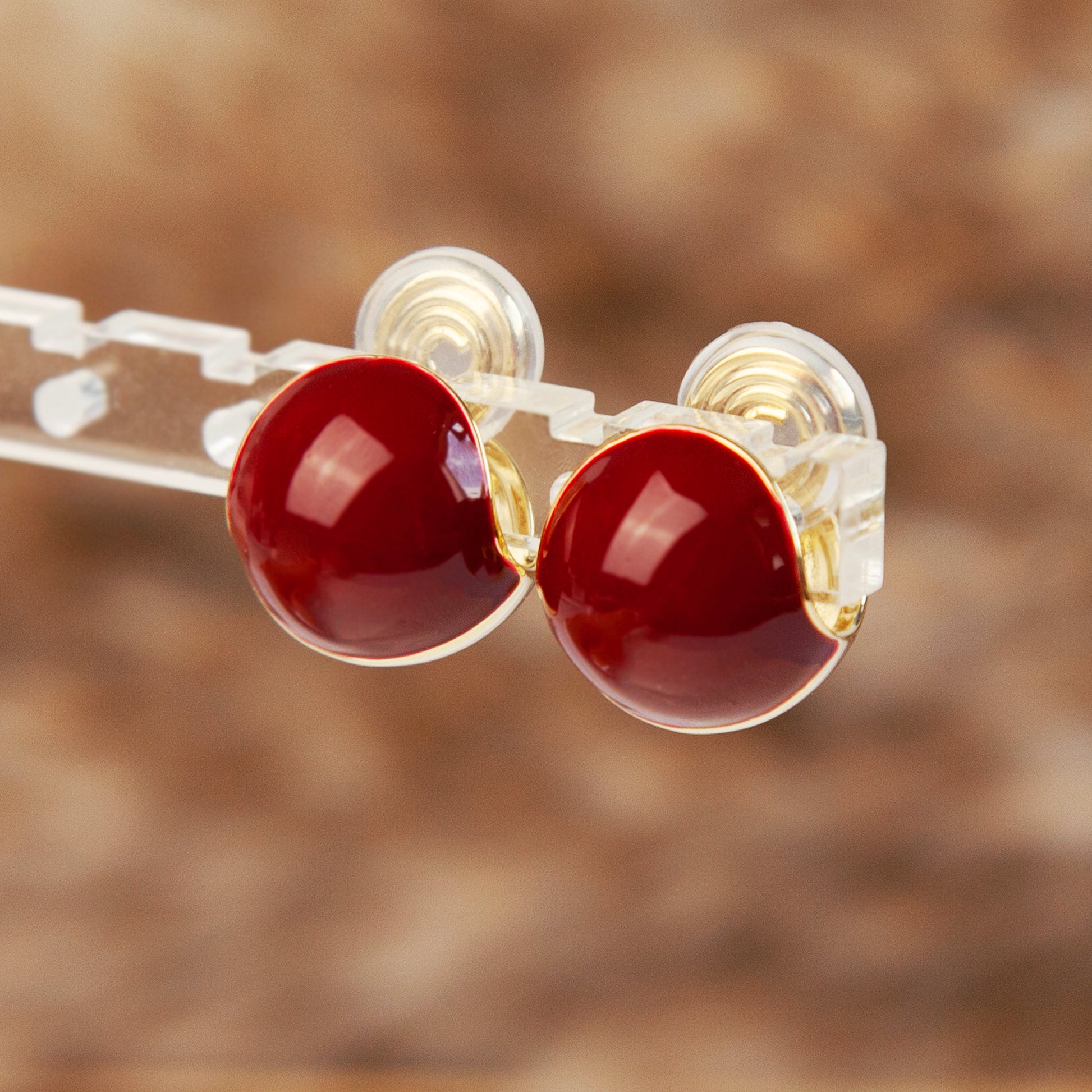 Gold Plated Burgundy Medium Ball Stud Earrings, Non-Pierced Earrings, Red Ball Stud Non Pierced Earrings, Modern Minimalist Earrings