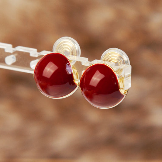 Gold Plated Burgundy Medium Ball Stud Earrings, Non-Pierced Earrings, Red Ball Stud Non Pierced Earrings, Modern Minimalist Earrings