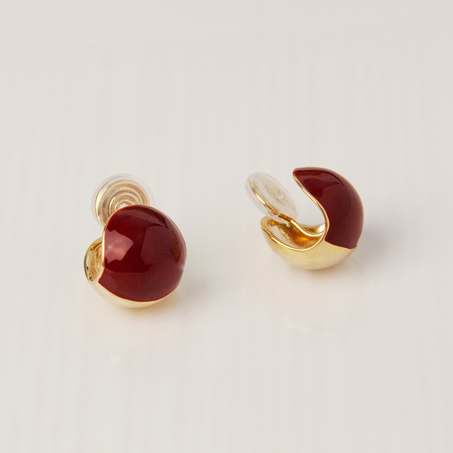 Gold Plated Burgundy Medium Ball Stud Earrings, Non-Pierced Earrings, Red Ball Stud Non Pierced Earrings, Modern Minimalist Earrings