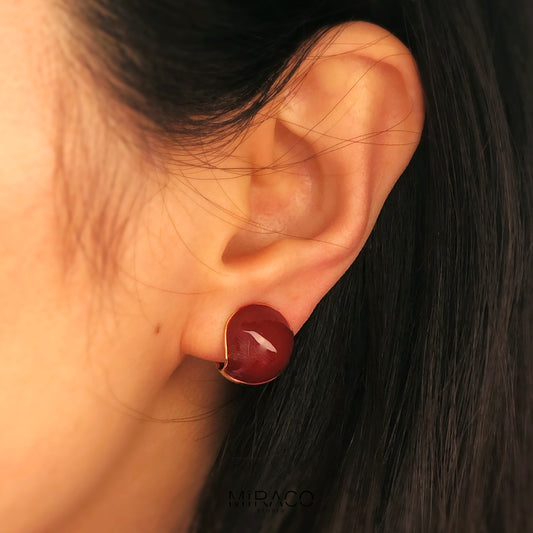 Gold Plated Burgundy Medium Ball Stud Earrings, Non-Pierced Earrings, Red Ball Stud Non Pierced Earrings, Modern Minimalist Earrings