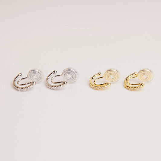 Gold Plated CZ Huggie Hoop Clip On Earrings, Sparkling CZ Crystal Earrings, Everyday Coil Back Clip On Earrings, Non Pierced Earrings