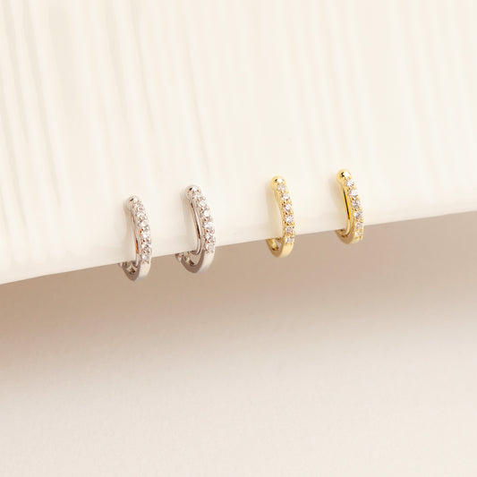 Gold Plated CZ Huggie Hoop Clip On Earrings, Sparkling CZ Crystal Earrings, Everyday Coil Back Clip On Earrings, Non Pierced Earrings