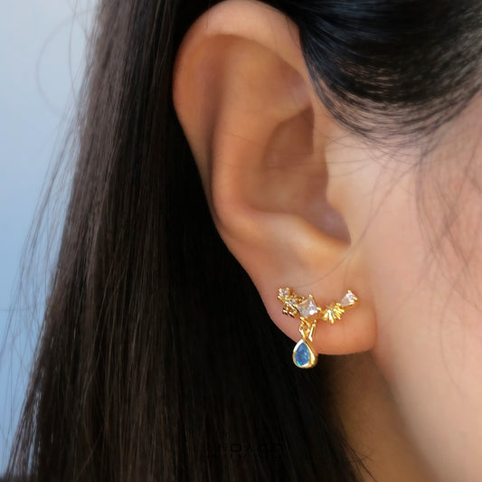 Gold Plated Climber CZ Clip On Earrings, Dainty Blue Gem Clip On Drop Ear Clips, Non Pierced Earrings