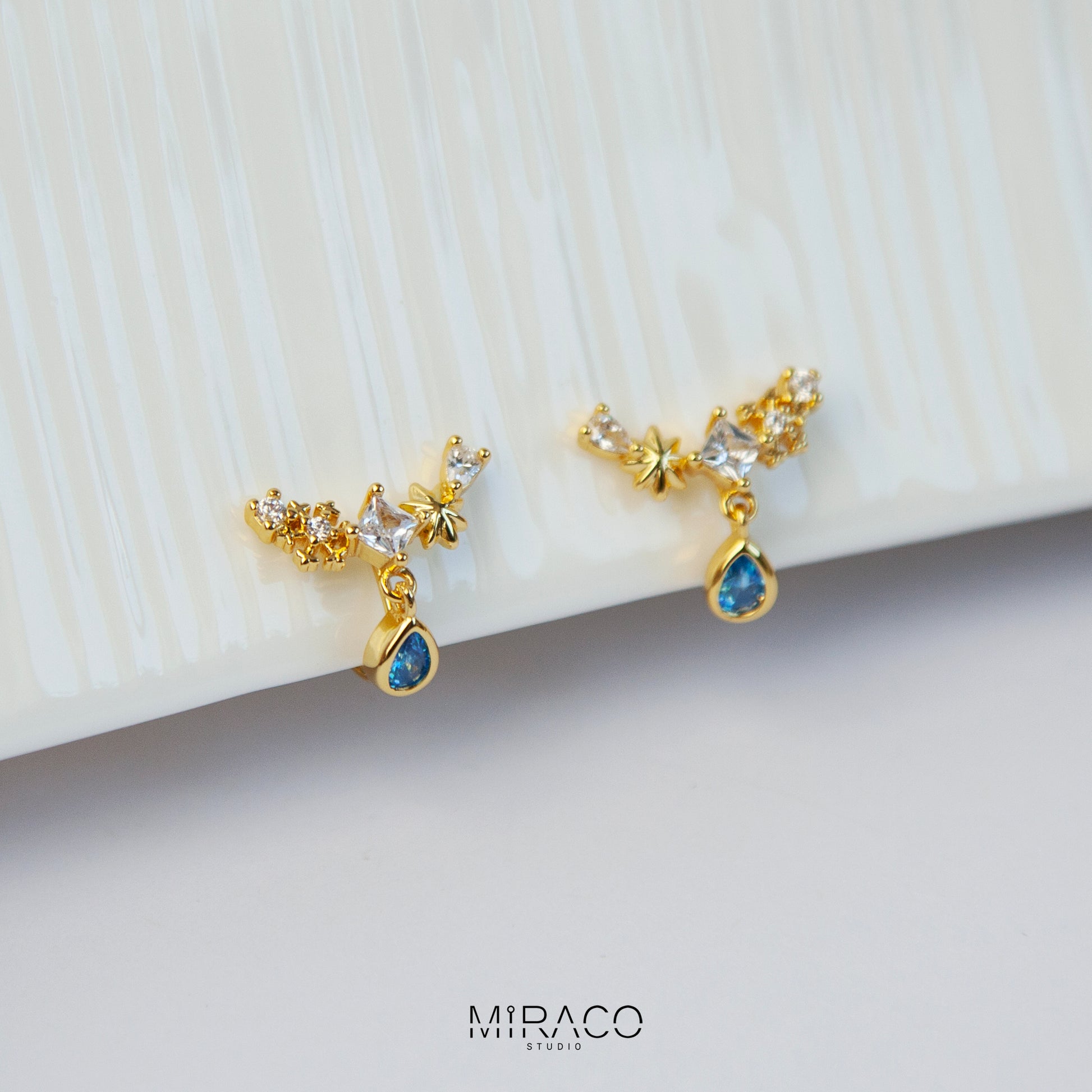 Gold Plated Climber CZ Clip On Earrings, Dainty Blue Gem Clip On Drop Ear Clips, Non Pierced Earrings