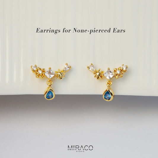Gold Plated Climber CZ Clip On Earrings, Dainty Blue Gem Clip On Drop Ear Clips, Non Pierced Earrings