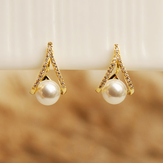Gold Plated Clip On Pearl Stud Earrings, Diamond Stud Earring with Pearls, CZ Pave Diamonds Dangle Drop Earrings, Pearls Drop Stud, Non Pierced Earrings