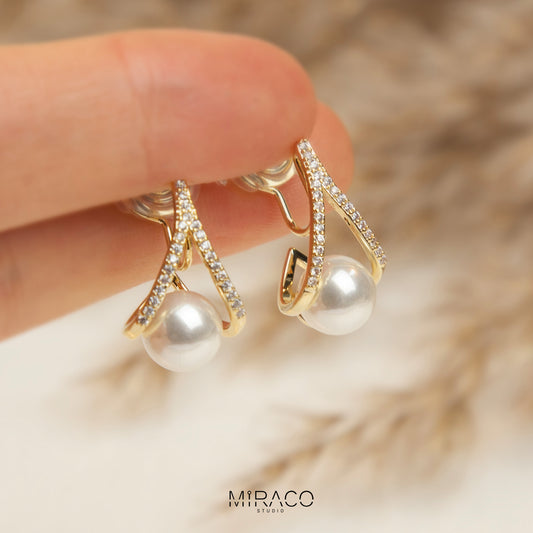 Gold Plated Clip On Pearl Stud Earrings, Diamond Stud Earring with Pearls, CZ Pave Diamonds Dangle Drop Earrings, Pearls Drop Stud, Non Pierced Earrings