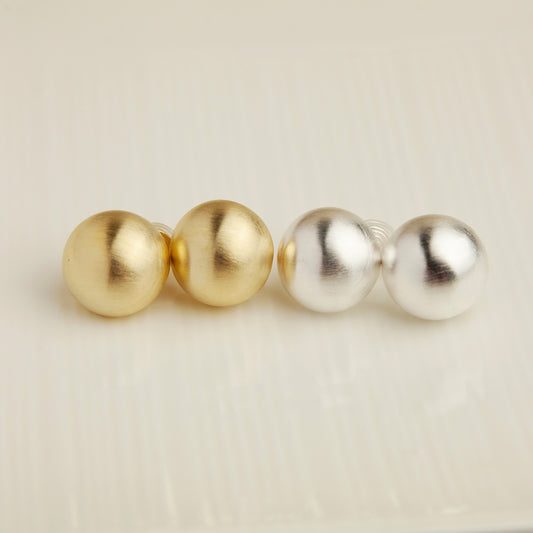 Gold Plated Large Ball Stud Earrings, Modern Minimalist Earrings, Brushed Metal Effect Clip On Studs, Non Pierced Earrings