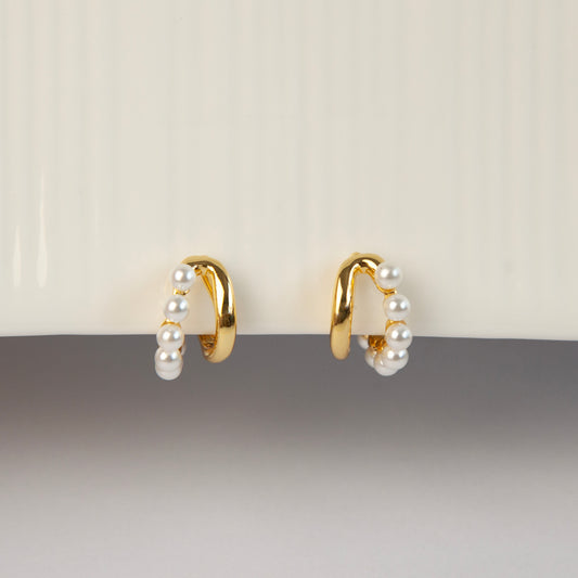 Gold Plated Pearl Hoop Earrings, Timeless Clip On Small Pearls Huggie Earrings, Cream White Twisty Double Huggie Hoops, No Piercing Earring