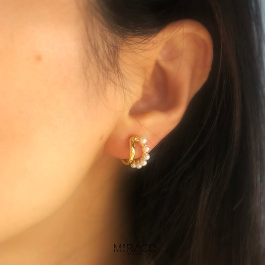 Gold Plated Pearl Hoop Earrings, Timeless Clip On Small Pearls Huggie Earrings, Cream White Twisty Double Huggie Hoops, No Piercing Earring