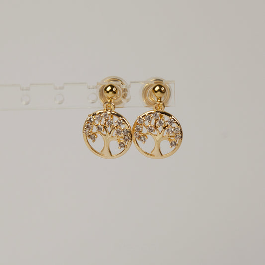 Gold Plated Tree of Life Drop Clip On Earrings with CZ Crystals, Dangle Drop None Pierced Ear Clips, Diamond Tree Plant Round Disk Earrings
