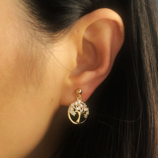 Gold Plated Tree of Life Drop Clip On Earrings with CZ Crystals, Dangle Drop None Pierced Ear Clips, Diamond Tree Plant Round Disk Earrings