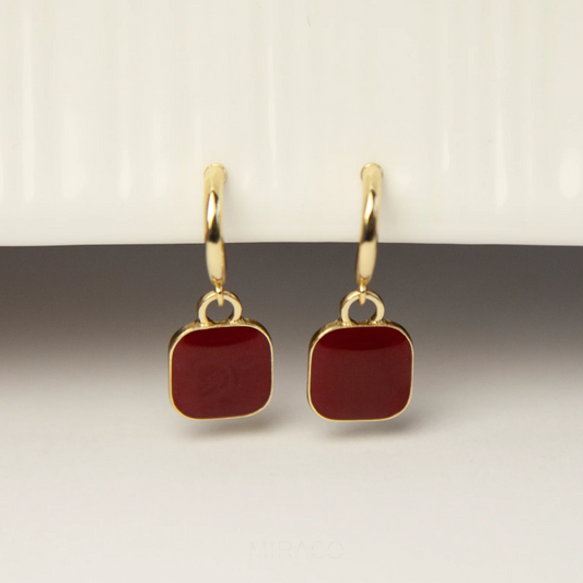 Gold Red Square Disc Dangle Drop Earrings Invisible Ear Clip Non Pierced Geometrical Dangle Earrings