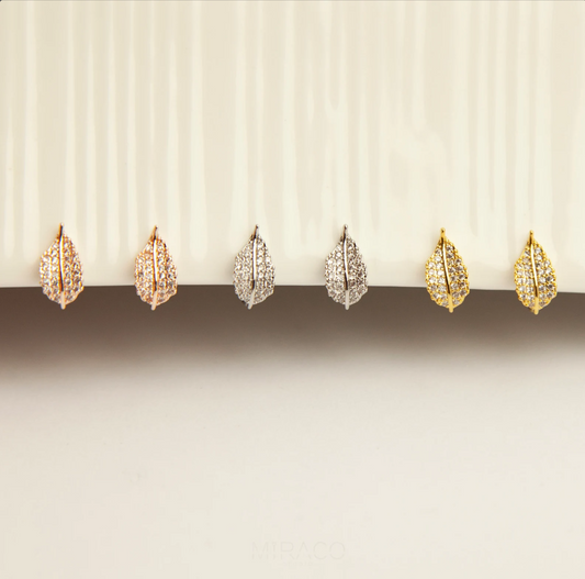Gold Silver Rose Leaves Stud Earrings, A Piece of Leaf Studs With Pave Diamond, None Pierced Earrings