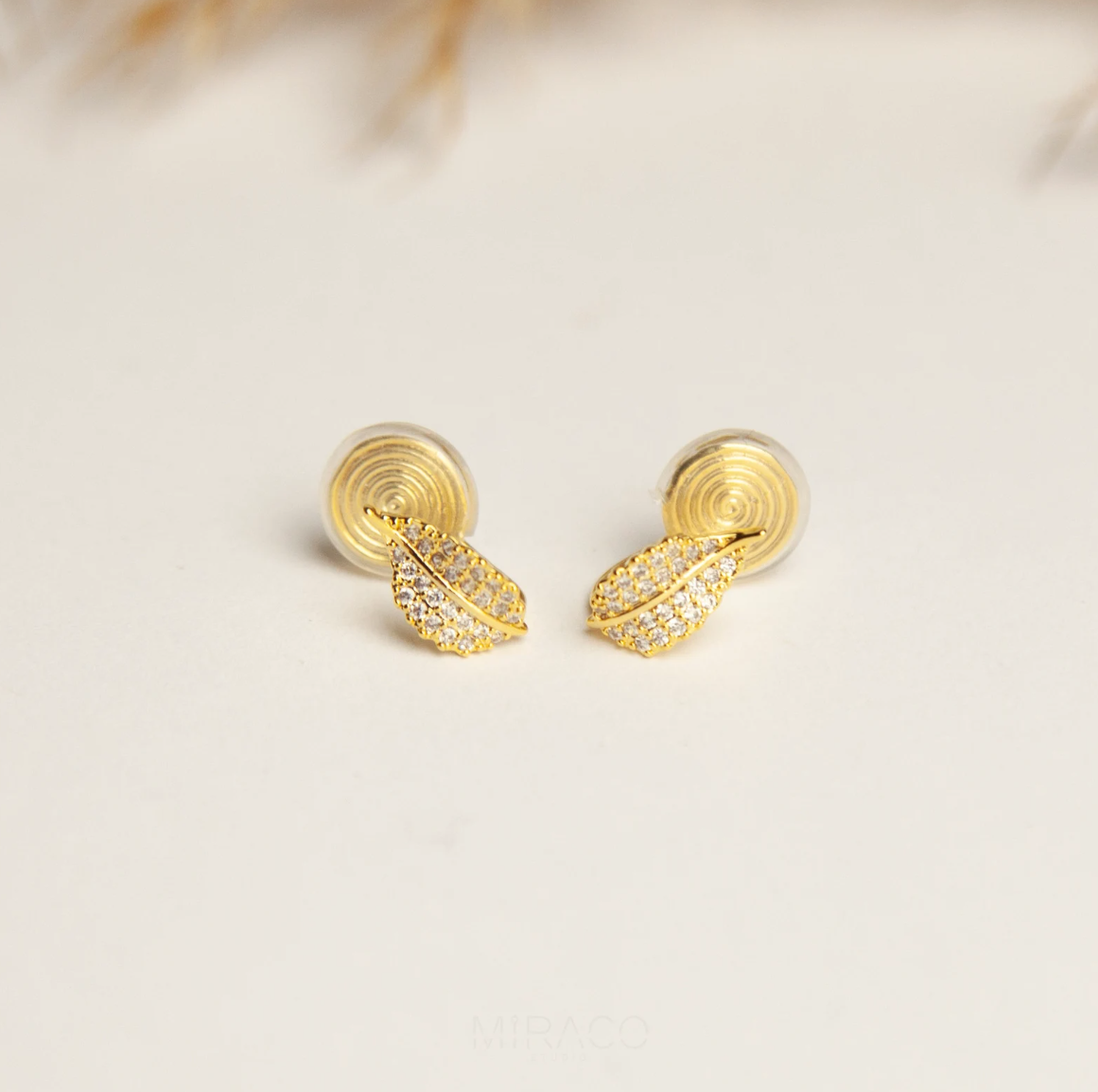Gold Silver Rose Leaves Stud Earrings, A Piece of Leaf Studs With Pave Diamond, None Pierced Earrings