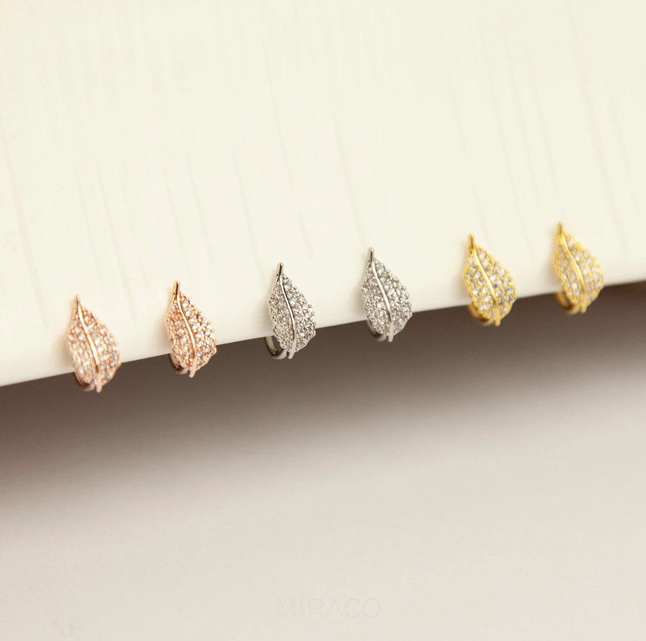 Gold Silver Rose Leaves Stud Earrings, A Piece of Leaf Studs With Pave Diamond, None Pierced Earrings