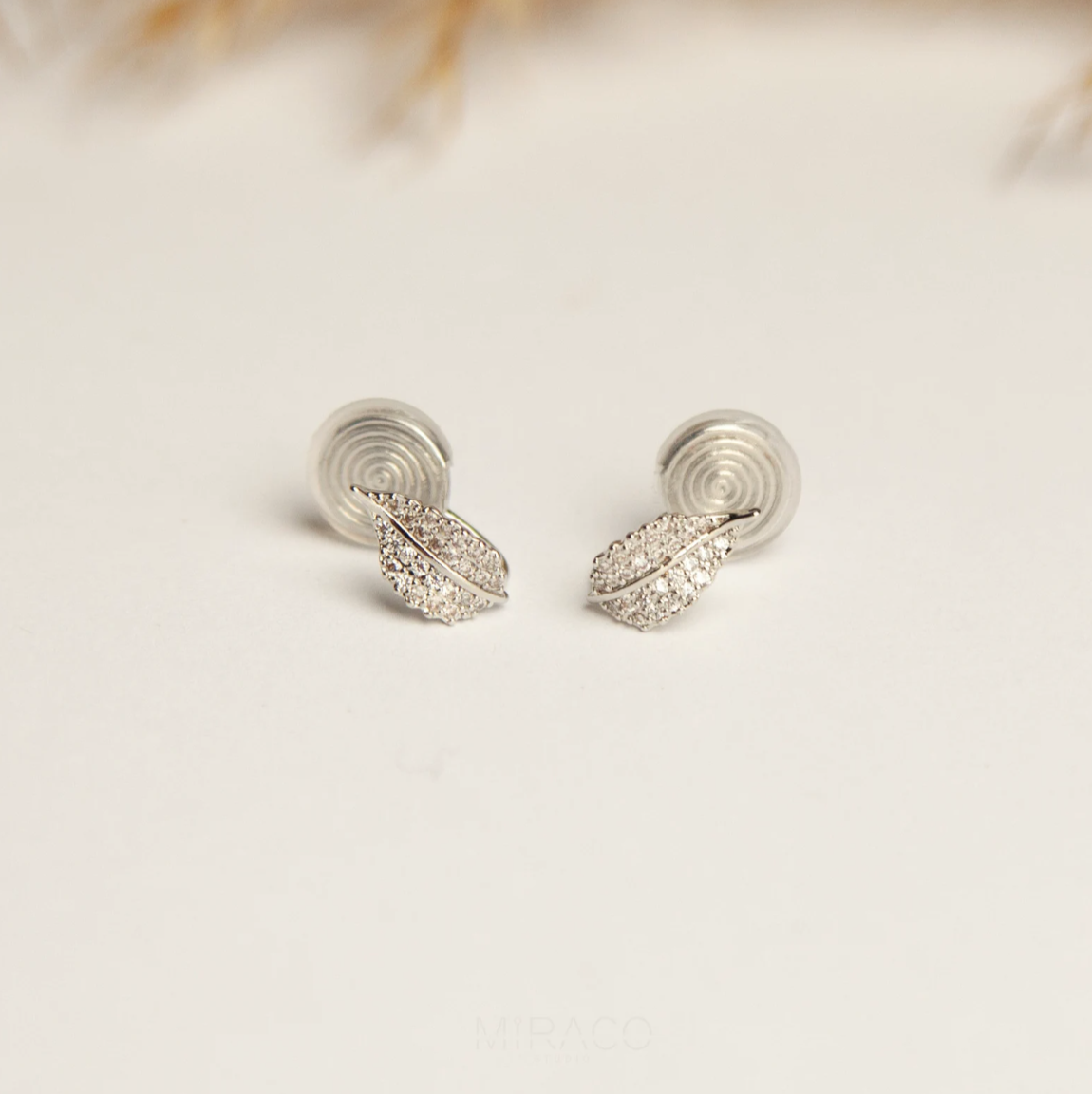 Gold Silver Rose Leaves Stud Earrings, A Piece of Leaf Studs With Pave Diamond, None Pierced Earrings