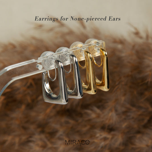 Gold Silver, Simple Rectangle Hoops, Geometric Non Pierced Earring Ear Clip