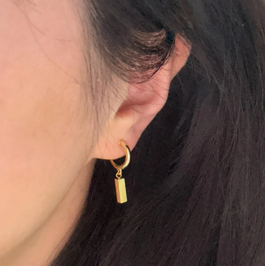 Gold Small Hoop Dangle Earrings with Rectangle Cubes, Invisible Clip On Drop Earrings, Non Pierced Minimalist Gold Clip On Earrings