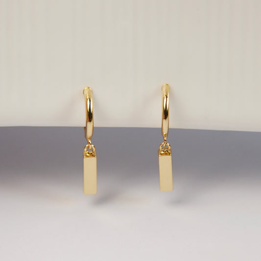 Gold Small Hoop Dangle Earrings with Rectangle Cubes, Invisible Clip On Drop Earrings, Non Pierced Minimalist Gold Clip On Earrings