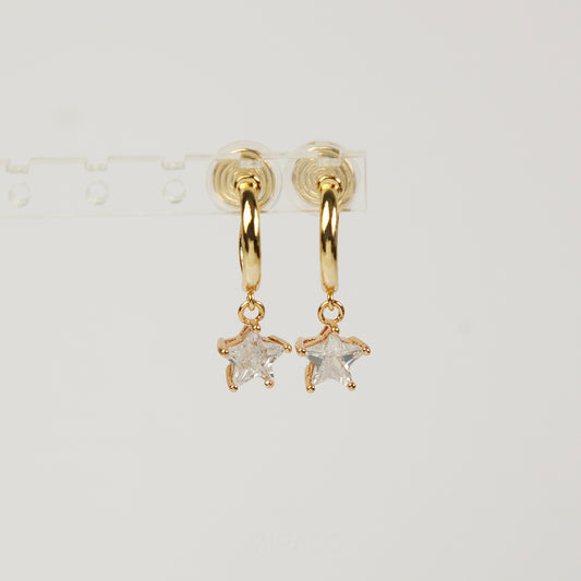 Gold Star Dangle Hoop Clip-On Earrings with CZ Crystal Diamonds Star, 5 Points Star Diamond Clip On Earrings, None Pierced Crystal Ear Clips