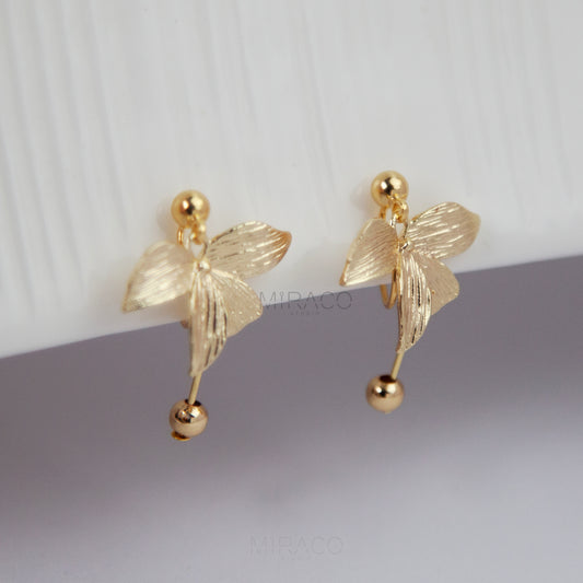 Golden Goddess Drop Leaves Earrings, Coil Back Plant Earrings, Non Pierced Earrings