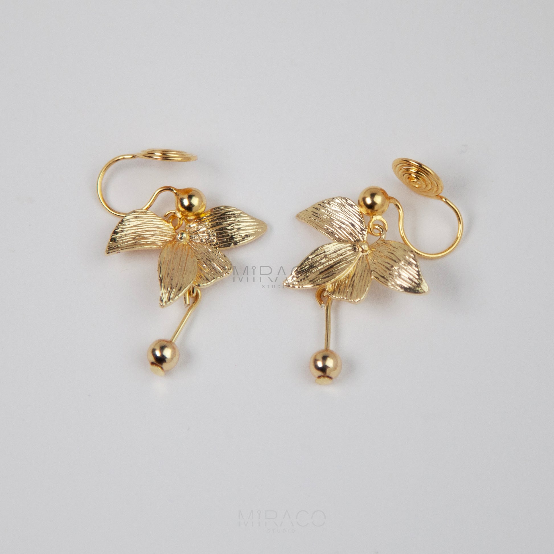 Golden Goddess Drop Leaves Earrings, Coil Back Plant Earrings, Non Pierced Earrings
