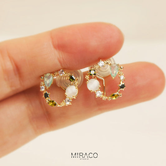 Green Gemstone Crystal Wreath Clip On Earrings, Gold Opal Diamond Open Circle Studs, Floral Star Wreath Stud Earrings, Non Pierced Earrings