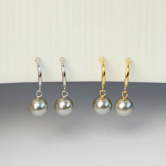 Grey Pearls Dangle Clip On Earrings, Minimalist Dangle Pearls Earrings, Dangle Hoop Pearls Earrings Non Pierced Earrings, Drop Pearl Earring