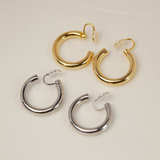 Huggie Hoop Earrings Gold Silver, Everyday Simple Medium Hoops, Large Hoops Non Pierced Earrings