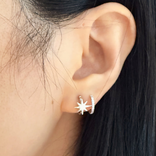 Star Double Hoop Huggie Clip On Earrings