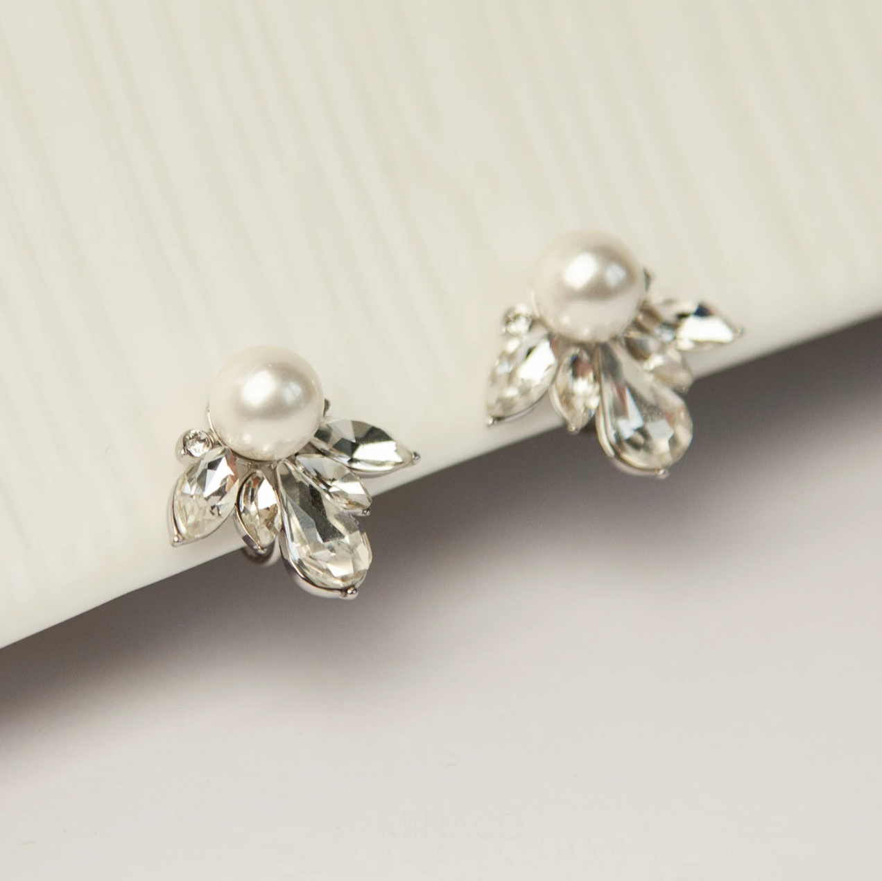 Coil Back Large Clip On Stud, Non Pierced Earrings, Clear Crystal White Pearls Studs, Diamond Pearl Stud Earring