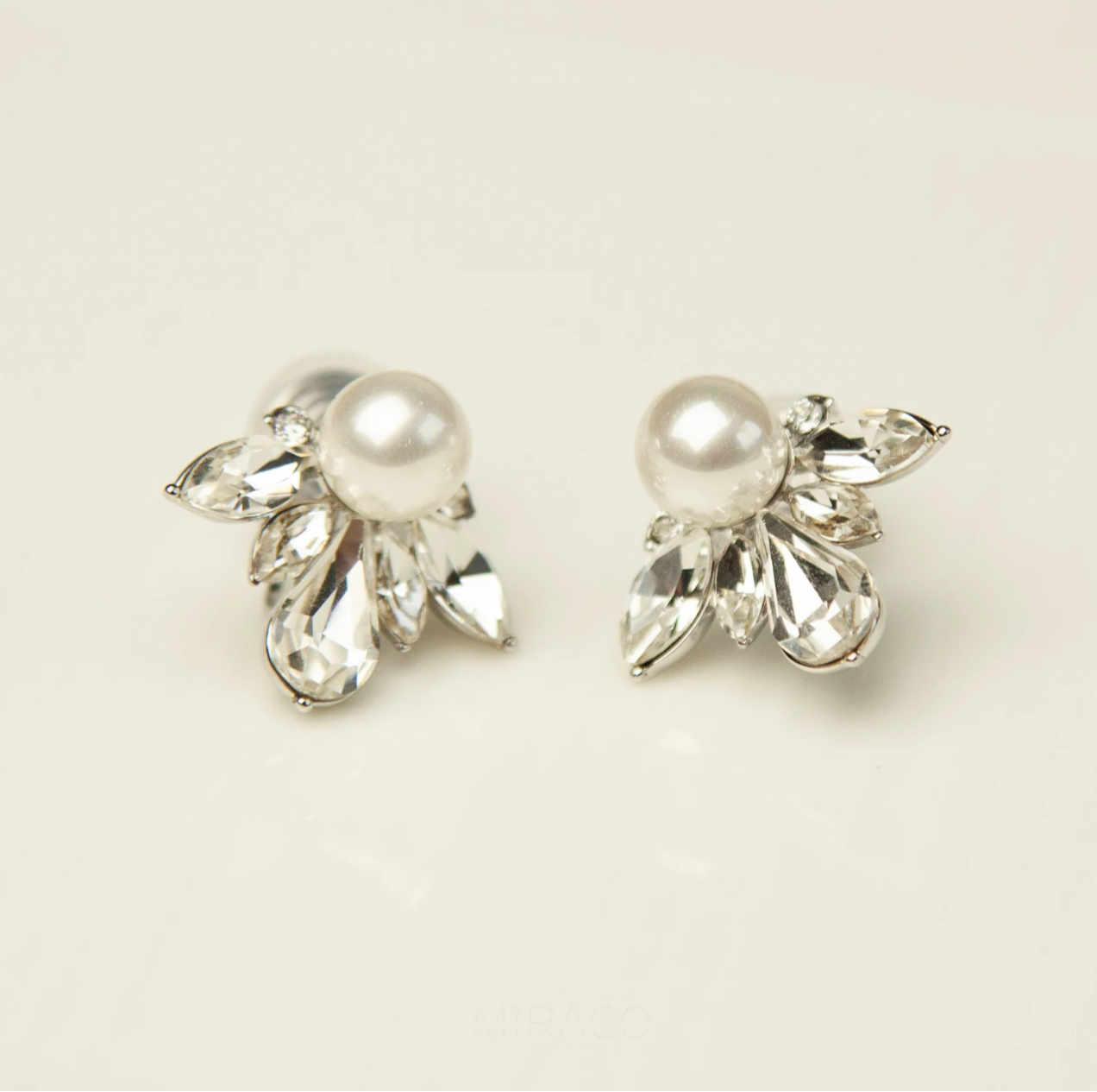 Coil Back Large Clip On Stud, Non Pierced Earrings, Clear Crystal White Pearls Studs, Diamond Pearl Stud Earring