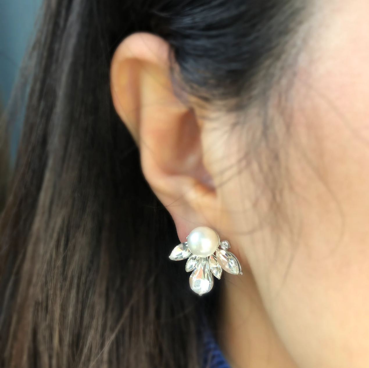 Coil Back Large Clip On Stud, Non Pierced Earrings, Clear Crystal White Pearls Studs, Diamond Pearl Stud Earring