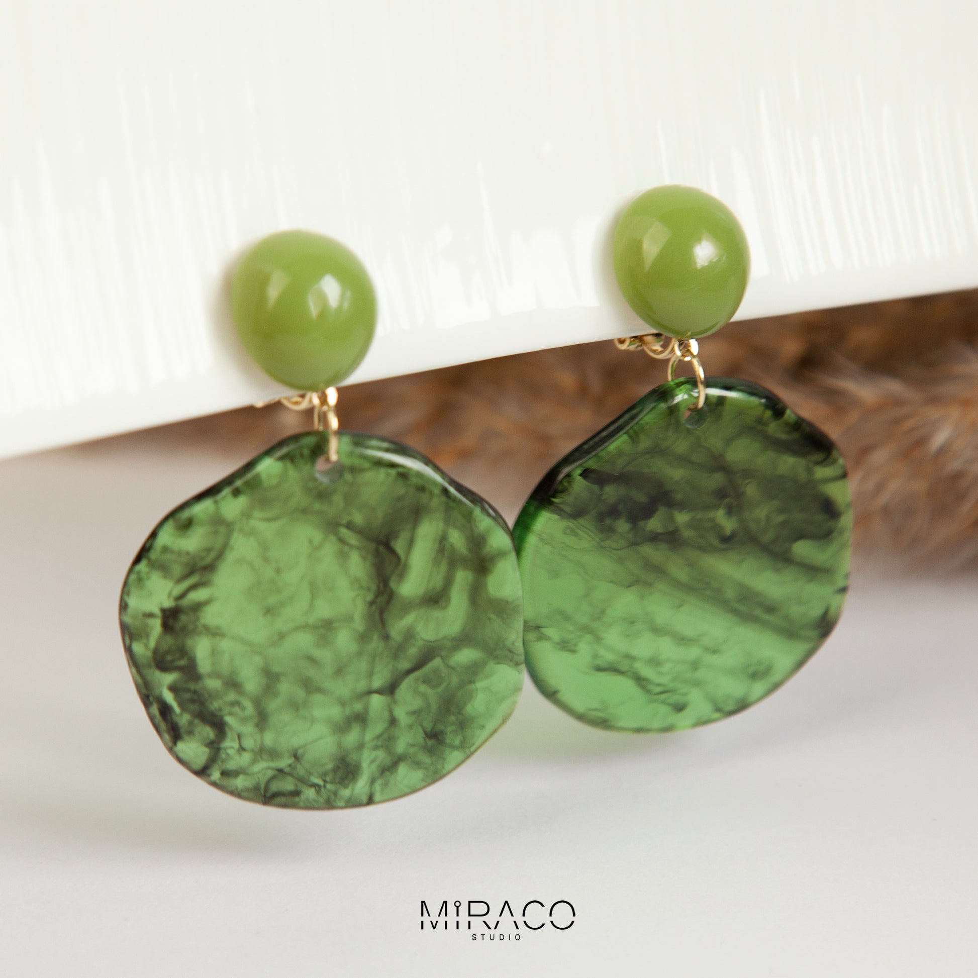 Large Green Disk Dangle Geometric Clip On Earrings, Large Minimal Ear Clip Non Pierced Circle Drop Earrings