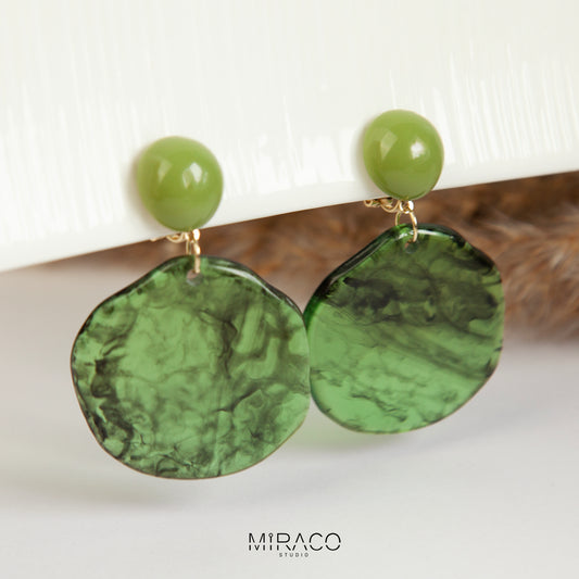Large Green Disk Dangle Geometric Clip On Earrings, Large Minimal Ear Clip Non Pierced Circle Drop Earrings