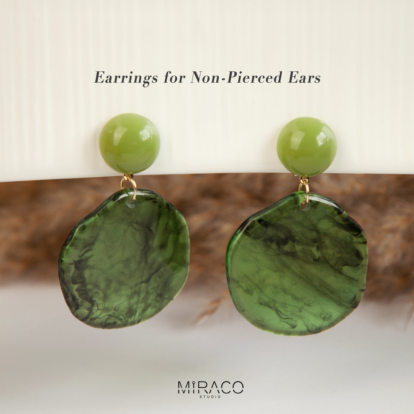 Large Green Disk Dangle Geometric Clip On Earrings, Large Minimal Ear Clip Non Pierced Circle Drop Earrings