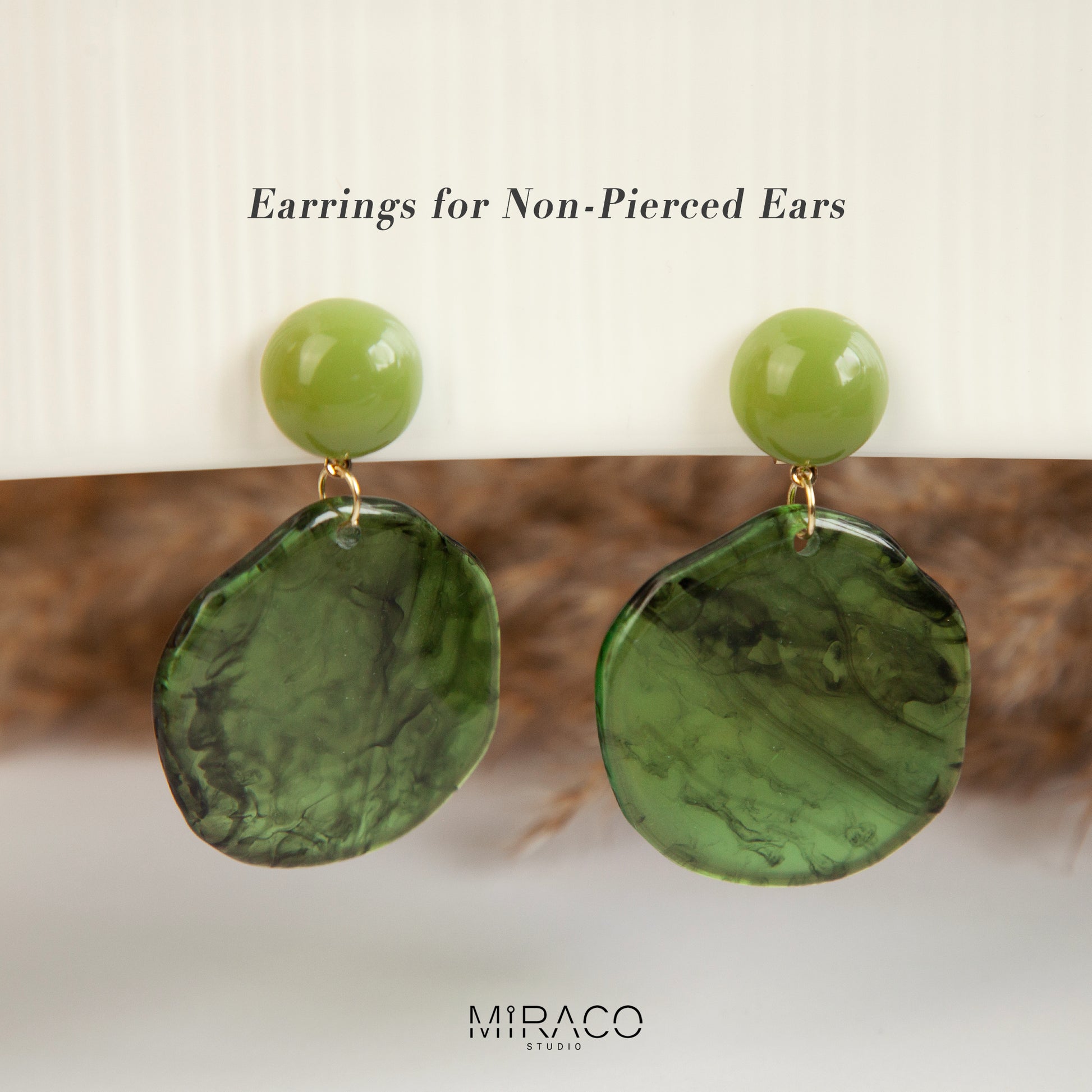 Large Green Disk Dangle Geometric Clip On Earrings, Large Minimal Ear Clip Non Pierced Circle Drop Earrings