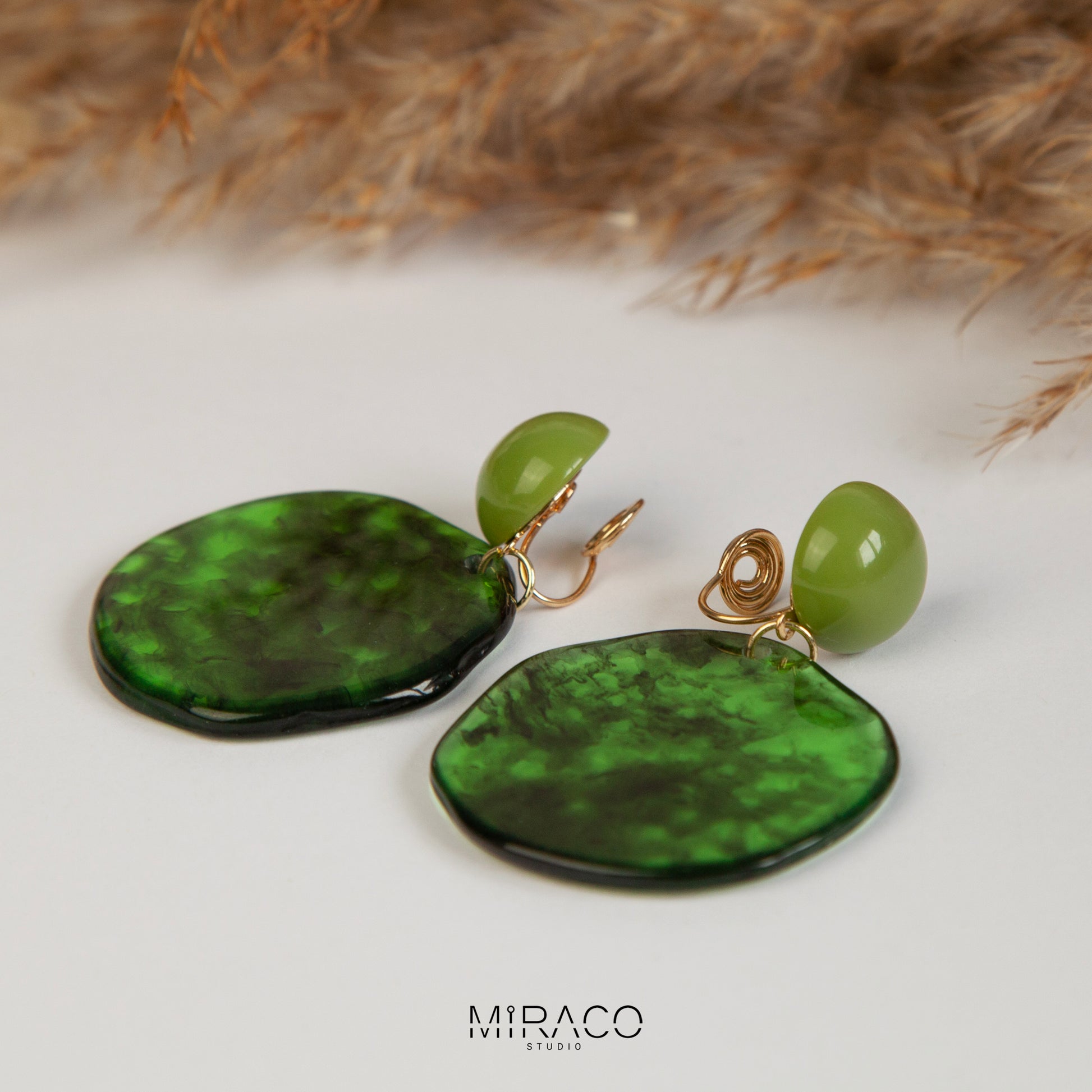 Large Green Disk Dangle Geometric Clip On Earrings, Large Minimal Ear Clip Non Pierced Circle Drop Earrings