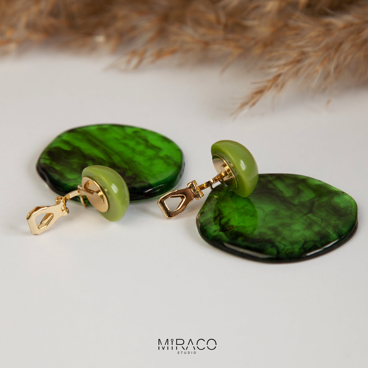 Large Green Disk Dangle Geometric Clip On Earrings, Large Minimal Ear Clip Non Pierced Circle Drop Earrings