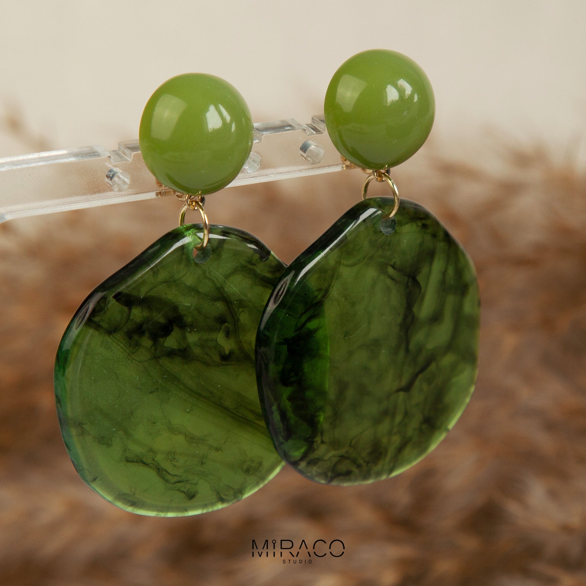 Large Green Disk Dangle Geometric Clip On Earrings, Large Minimal Ear Clip Non Pierced Circle Drop Earrings