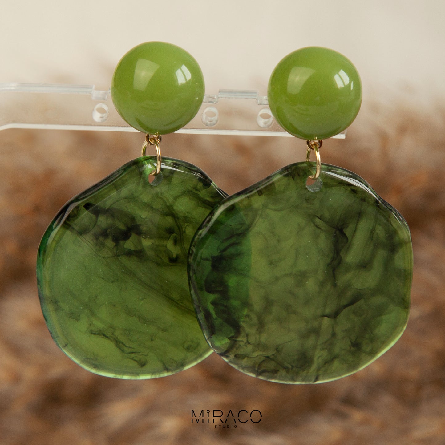 Large Green Disk Dangle Geometric Clip On Earrings, Large Minimal Ear Clip Non Pierced Circle Drop Earrings